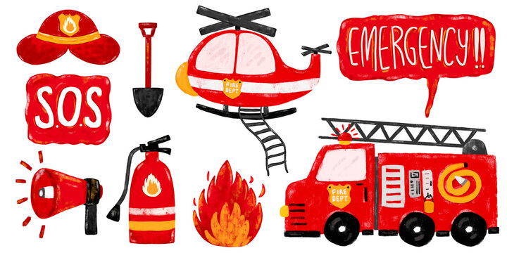 Cute set of red fire engine truck helicopter fireman firefighter icons clipart doodle watercolor crayon kids illustration in bright vibrant colors vector collection elements