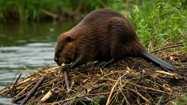 A beaver prepares mud and sticks for building its lodge or dam by the river bank. Wildlife habitat construction footage.