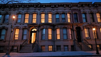 Warm lights glowing from the windows of elegant brownstone houses in Brooklyn, New York City, create an inviting and cozy atmosphere, enhancing the charm of the neighborhood at twilight