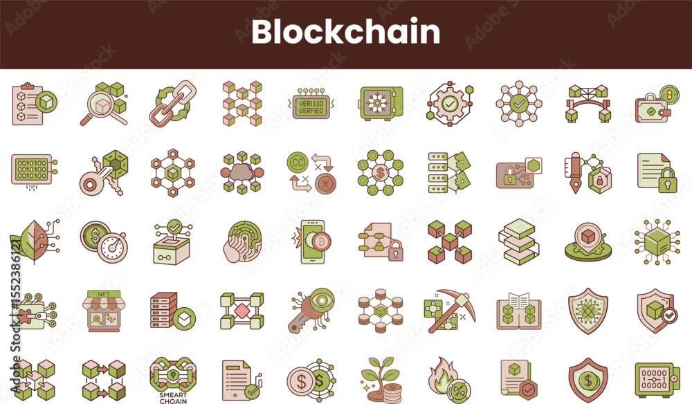 Wall mural a diverse array of blockchain-related icons, featuring elements like chains, security shields, and c