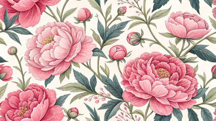 Seamless pattern of bright pink Paeonia flowers.