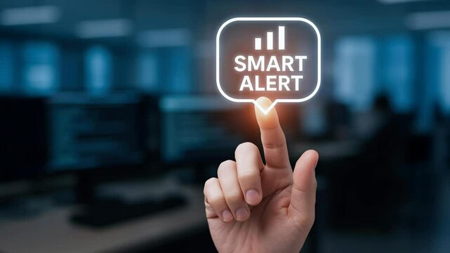 Smart alert notification with automatic ai technology for tas system office environment featuring hand finger pointing glowing icon futuristic