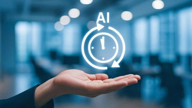 AI automatic time management with hand and clock icon in office for task efficiency and business task automation using advanced AI technology - Powered by Adobe