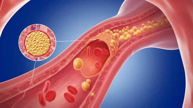 Artery clogged with cholesterol due to plaque buildup with blood cells. Medical health and illness concept. 3D footage.