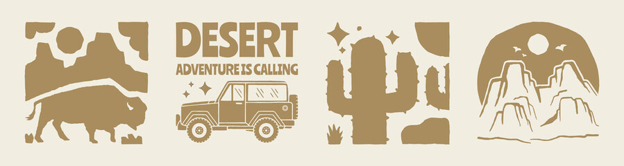 Desert adventure graphics with wild west flair featuring cactus, bison, off road car, and rocky landscapes in vintage silhouette style.