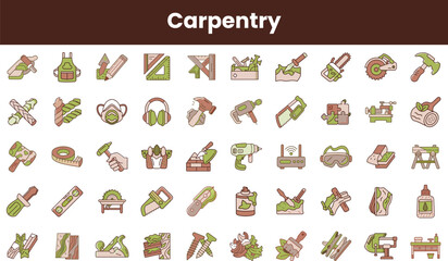 A colorful assortment of carpentry tools and icons, featuring saws, drills, safety gear, and equipment, showcasing the essentials of woodworking and craftsmanship.