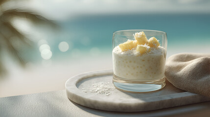Tropical tapioca dessert: creamy tapioca, juicy pineapple, coconut flakes with a sunny beach backdrop.