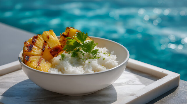 Tropical poolside meal featuring grilled pineapple and rice. A refreshing and healthy dish. - Powered by Adobe
