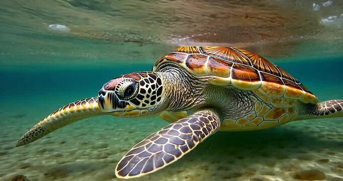 Sea turtle swimming in water with splashes and details on shell and skin. Focus on the turtle with dark background