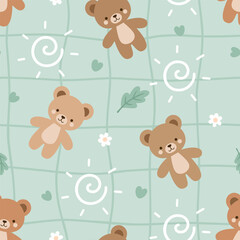 Cute teddy bears with camomile and hears and leaves, seamless pattern with grid texture, kids forest with kawaii animals mint green background.
