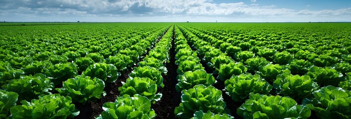 A fresh lettuce field under a blue and bright sky.