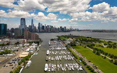 New York City an sky. NYC cityscape with skyscrapers. Aerial view of New York City skyline. Manhattan skyline. New York and Hudson River. Downtown NYC. New York skyscrapers from top.