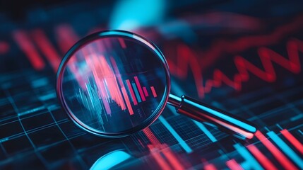 A magnifying glass focusing on a bar chart in the background illustrating upward trends with luminous data visualization