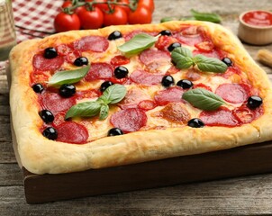 Tasty homemade pizza and ingredients on wooden table, closeup