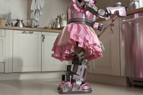 A pink metallic robot in a frilly apron sweeping the floor in a modern kitchen.