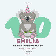 Invitation childrens birthday party with cute koala and number. Celebration tenth birthday. Greeting card template for children. Vector illustration.