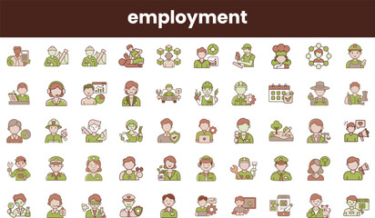 A diverse collection of employment-themed icons, showcasing various professions from agriculture to technology, all in a cohesive color palette.