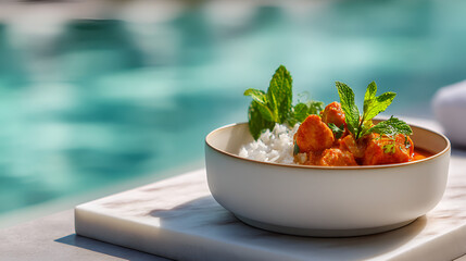 Delicious curry dish by the pool, a perfect blend of relaxation and gourmet cuisine. Mint garnish adds freshness.