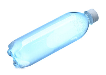 Plastic bottle with clean water in air on white background