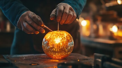 Glassblower's Hands Working with Molten Glass, Creating a Glowing Orb