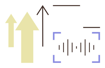 Arrows pointing upward for progress, sound waves within brackets for audio focus, horizontal lines. Ideal for growth, focus, technology, audio analysis, communication, progress minimal design