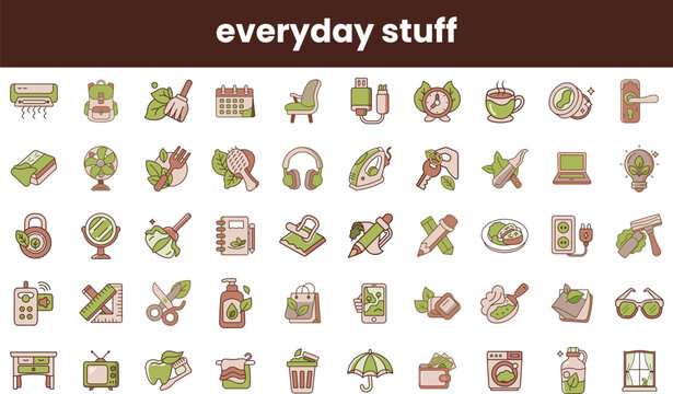 A vibrant collection of everyday icons in a minimalist design, featuring nature-inspired elements like leaves, showcasing items related to work, leisure, and home.