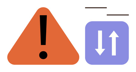 Orange warning triangle with bold exclamation mark next to blue square with up and down arrows. Ideal for caution, alert, security, process flow, system warning, communication, risk. Simple flat