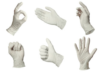 Nitrile medical gloves isolated on white, collage collage of gestures