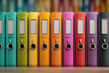 Row of multicolored file folders with white labels and silver rings - green, yellow, pink, purple, blue and orange office documents
