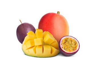 Sweet fresh mangos and passion fruits isolated on white