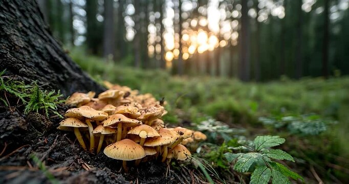 Close-up of mushrooms growing at the base of a tree in a forest with a bokeh background