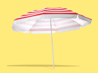 Red striped beach umbrella casting shadow on yellow background