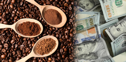 Rising coffee price. Roasted beans and dollar bills, double exposure. Banner design
