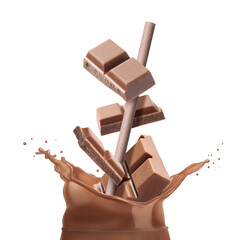Splashing chocolate milk, straw and pieces of chocolate against white background