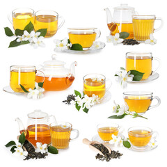 Freshly brewed jasmine tea and flowers on white background, collage