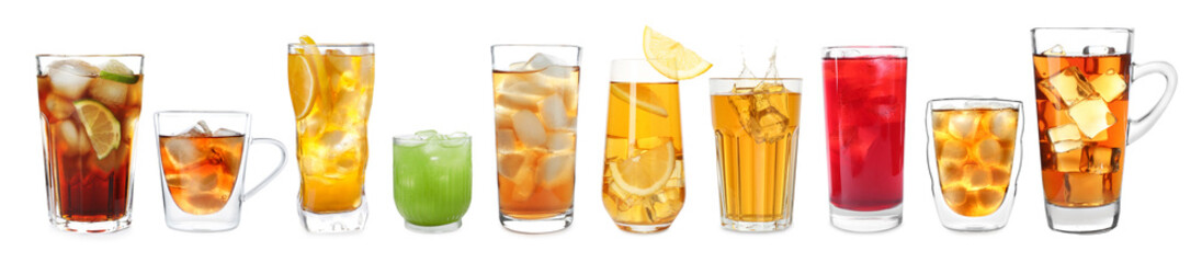 Iced tea. Different types of drinks in glasses isolated on white, set
