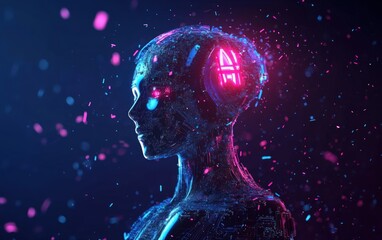 Abstract digital human head, glowing with vibrant colours