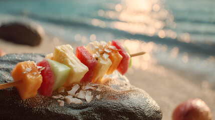 Tropical fruit skewer on a beach stone, glistening ocean backdrop, healthy snack, summer vibes.