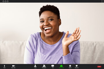Distant Communication. Pc screen view, headshot portrait of smiling young black woman making video...
