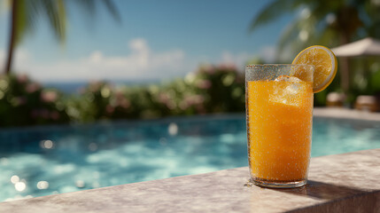 Refreshing orange juice cocktail by the pool, a perfect summer getaway. Enjoy the sun and cool beverage.