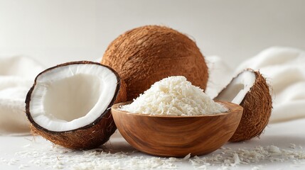 Fototapeta premium Healthy Tropical Coconut Bounty Whole Organic Nut With Halved Portion Revealing White Flesh And Bowl Full Of Shredded Desiccated Flakes Ingredient For Delicious Cooking Baking
