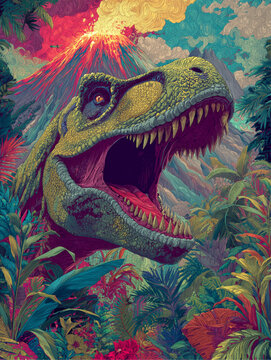 Tyrannosaurus Roaring in Jungle with Volcano Eruption