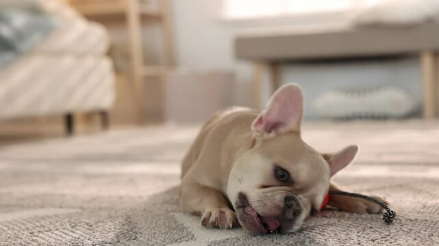 Adorable French bulldog dog playing with pet toy on floor indoors, closeup
