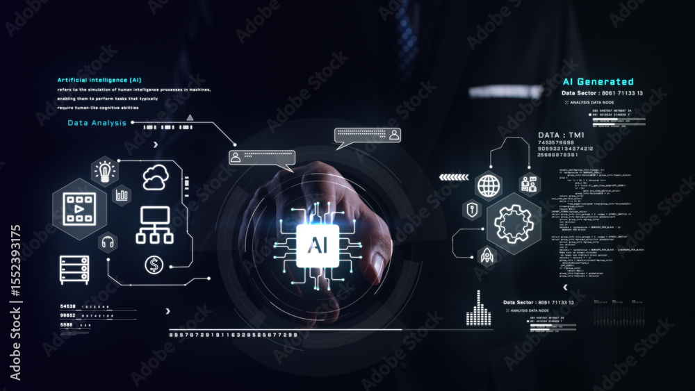 Poster businessman interacts with virtual ai interface, futuristic hud with data, analytics, and machine le