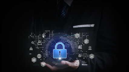 Businessman holding a glowing digital padlock hologram with network and data icons, symbolizing cybersecurity, encryption, and secure information systems. 3d Rendering