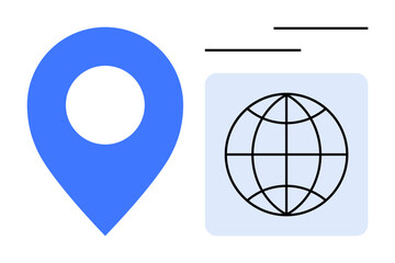 Blue geo-location pin alongside a globe grid and lines symbolizing navigation, worldwide reach, and digital networks. Ideal for travel, communication, maps, technology, global data, applications