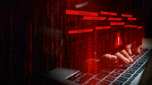 Laptop with red error detection pop-ups and binary code, symbolizing software failure, system error, malware, or cyber threat warning alerts, 3d Rendering