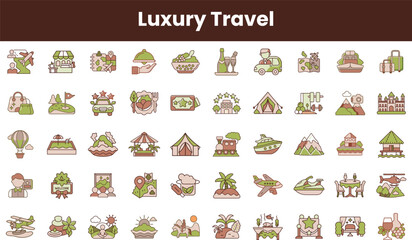 A vibrant collection of luxury travel icons featuring various destinations and activities, showcasing adventure, relaxation, and indulgence in a visually appealing design.
