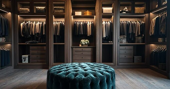 Luxury walk-in closet featuring custom wooden cabinetry racks of clothing a velvet ottoman under a chandelier