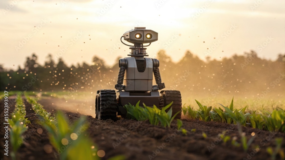 Poster robot in green field collecting energy from oil extraction process